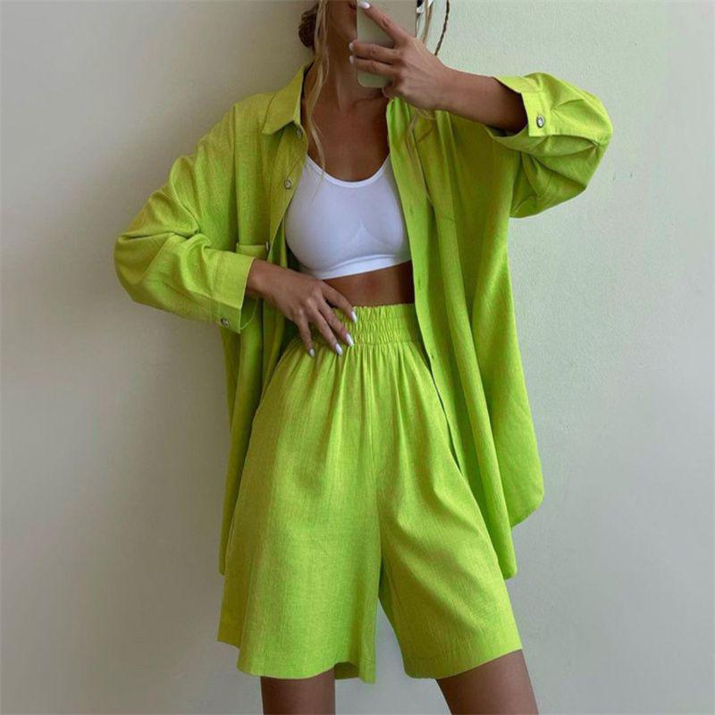 

Women s Green Hemp Suit: Loose Shirt & High-Waist Slimming Shorts Two-Piece Set XXL флуоресцентный зеленый