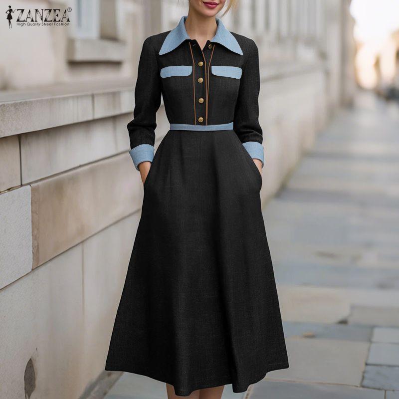 ZANZEA Vestido feminino casual gola virada para baixo solto manga comprida