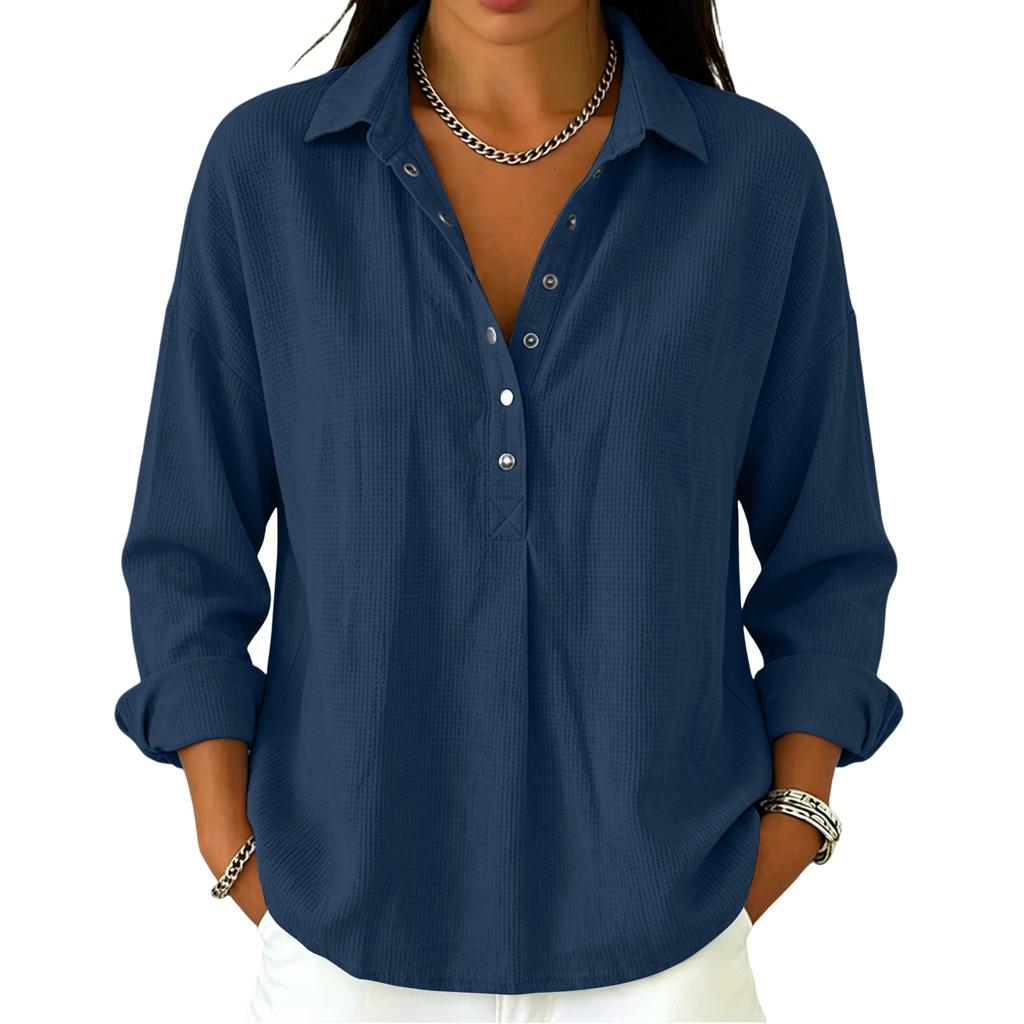 Women's Casual Long Sleeve Polo Shirt Button Front Waffle Texture Pullover Lightweight Relaxed Fit Top for Everyday Wear