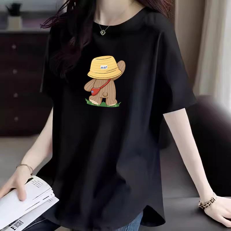 Curved Mid-Length Women's Cotton T-Shirt - Summer Cartoon Print Sleeve