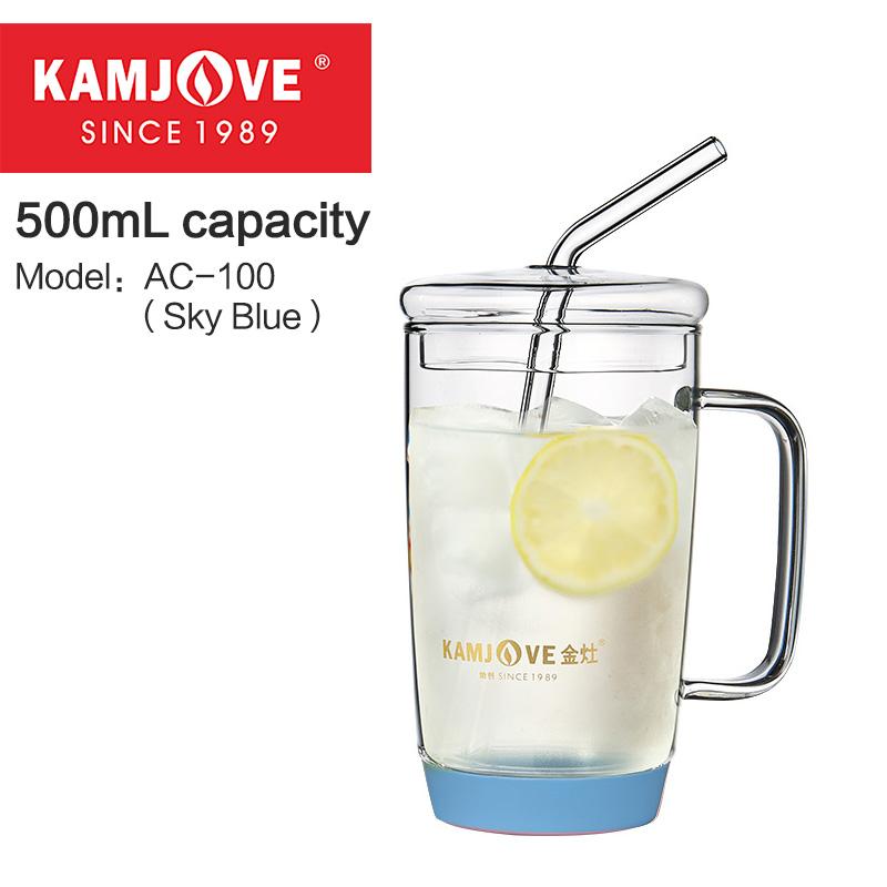 KAMJOVE Skleněný hrnek s víčkem odolný vůči teplu, Módní dámský hrnek se slámkou, Průhledný skleněný hrnek, Opakovaně použitelný AC-100 500ML hrnek na džus