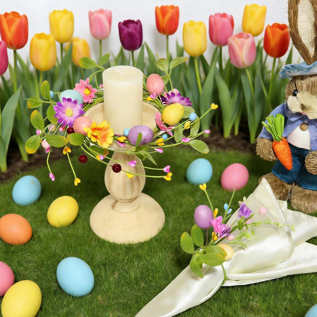 Easter Candle Wreath 10.6 Inch Egg Wild Flowers Garland Small Easter Wreath for Porch Outdoor Indoor Kitchen Doors Wall Table