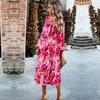 Women Elegant Floral Printed Long Dress High Waist Puff Sleeve Square Neck Autumn Winter Fashion