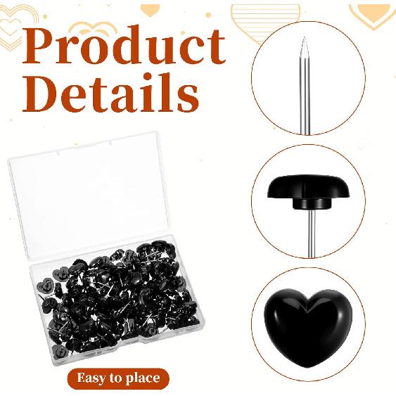 120 Pcs Black Heart Push P, Decorative Cute Push P for Travel Picture Photo Bulletin Board Wall DIY Craft Home School Office