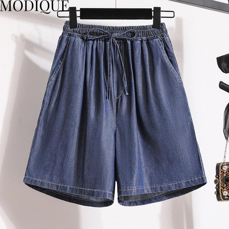 MODIQUE Women's Denim Shorts Summer Plus Size New Loose Casual Solid Color A-Line Denim Short Pant Female High Waisted Hotsweet Blue Trousers Blue