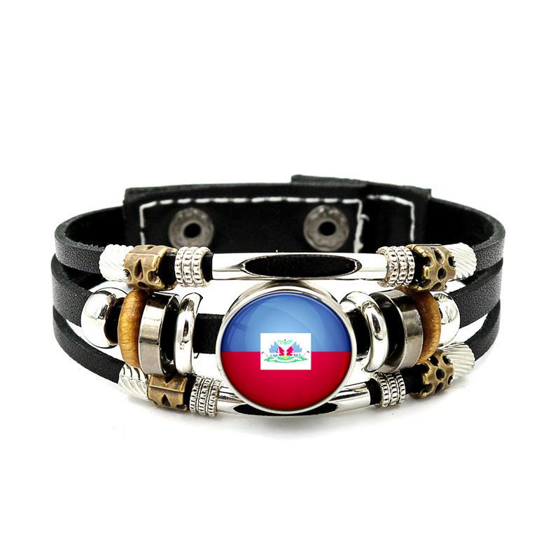 Factory National Country Flag Design Bracelet Crystal Bead Snap Button Sports National Team Jewelry Gift Leather Wrap Bracelet