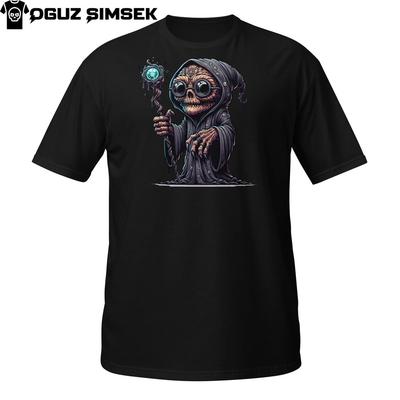 Zauberer Skelett T-Shirt | Düsterer Magier mit Stab und Kapuze | Gothic Zauberer T-Shirt