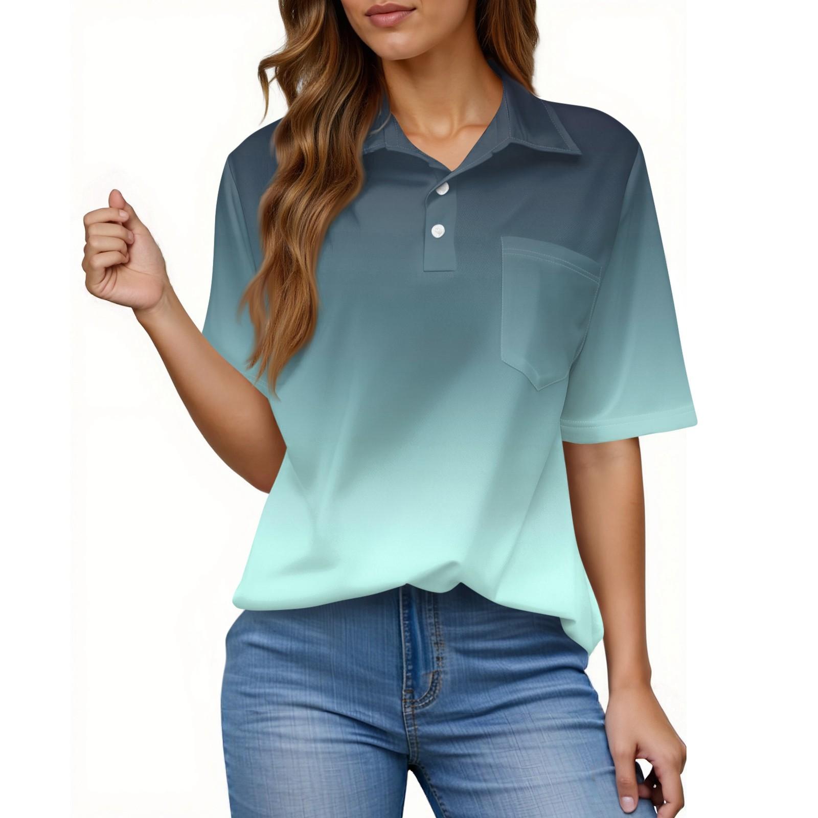 Women s Fashion Casual Button Pocket Shirt Short Sleeve Print Lapel Top M циан