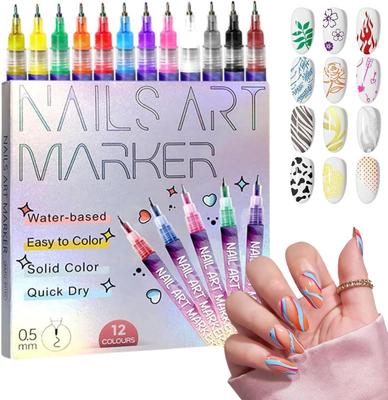 Pera na nail art, Sada 12 barev 0,5MM Markery na nail art, Rychleschnoucí gelové markery na nehty, 3D laky v peru pro grafiku, tečkování, linkování a malování