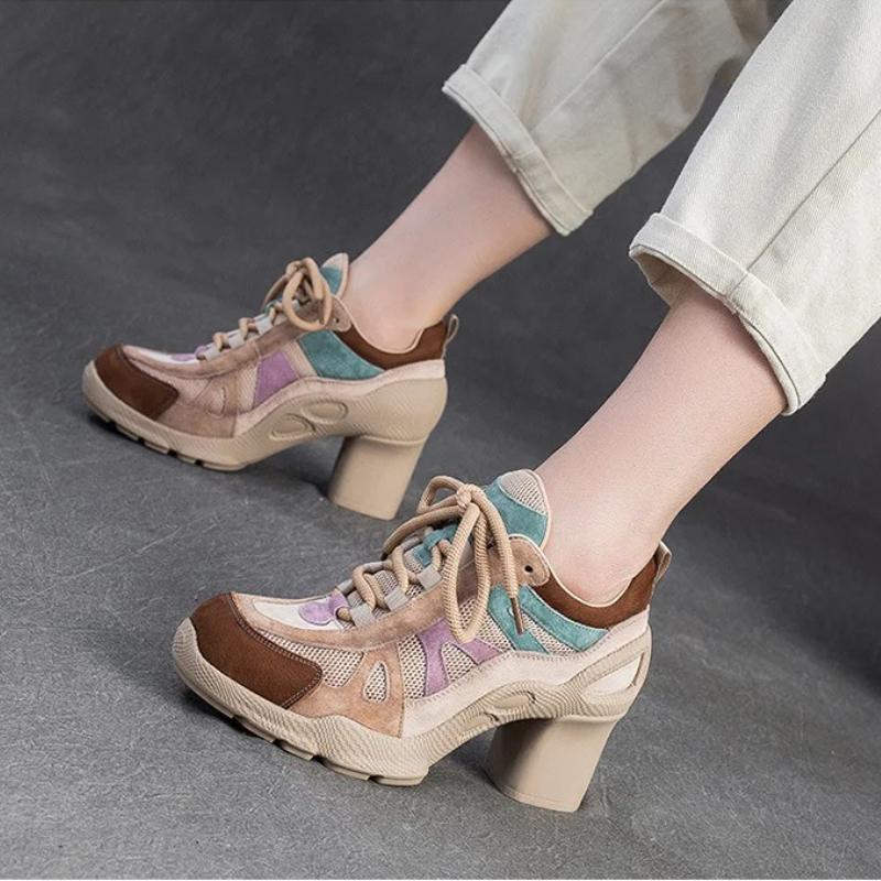 Johnature Fashionable Breathable Sports Style High Heels Mixed Colors Versatile Lace-up Women's Shoes