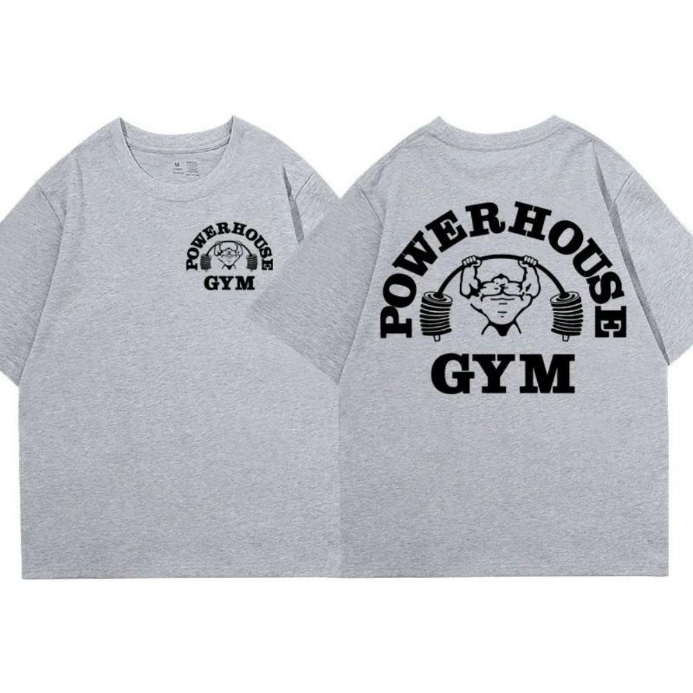 Powerhouse Gym Pattern T-shirt Men's Fun Breathable Round Neck T-shirt Outdoor Leisure Geek Fitness Retro Top