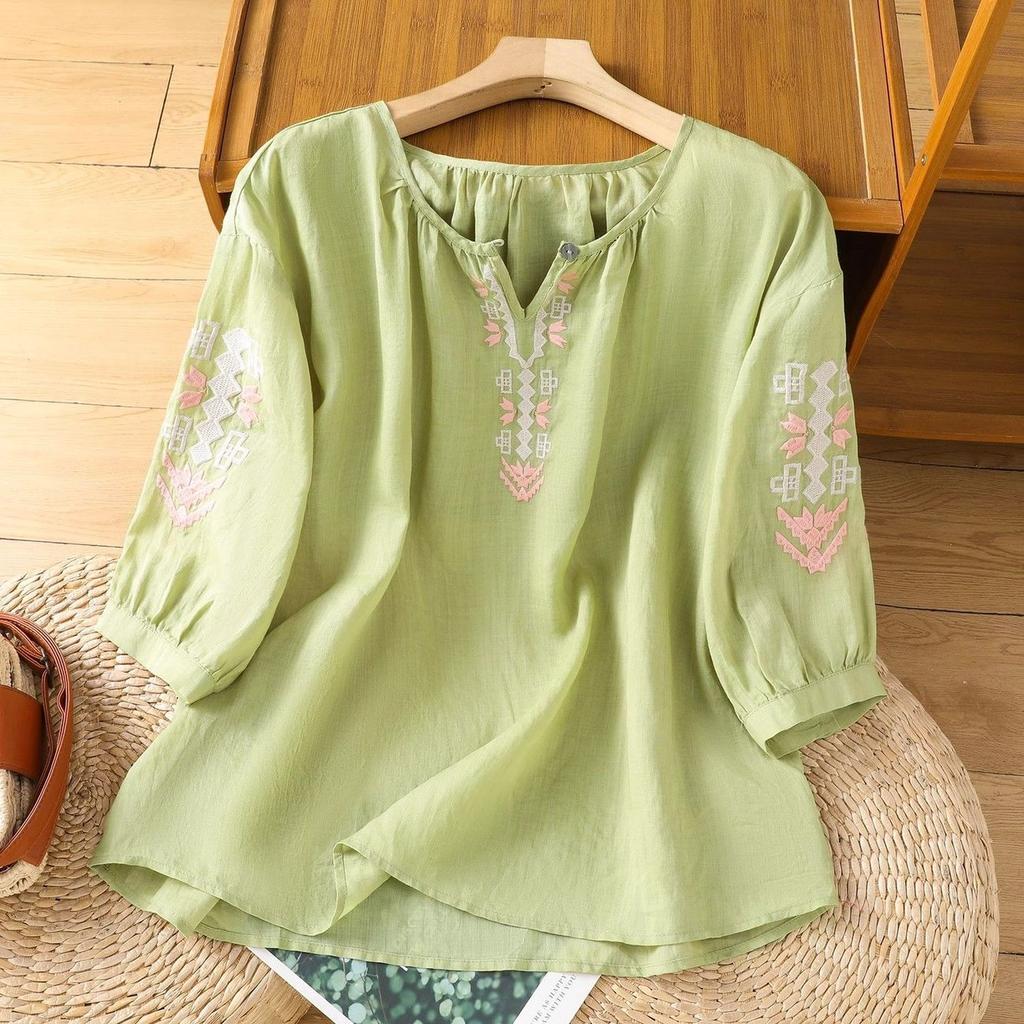 Summer Ethnic Style Cotton Linen Blouses Tops Women Geometric Embroidered V Neck Half Lantern Sleeve Loose Plus Size Shirts