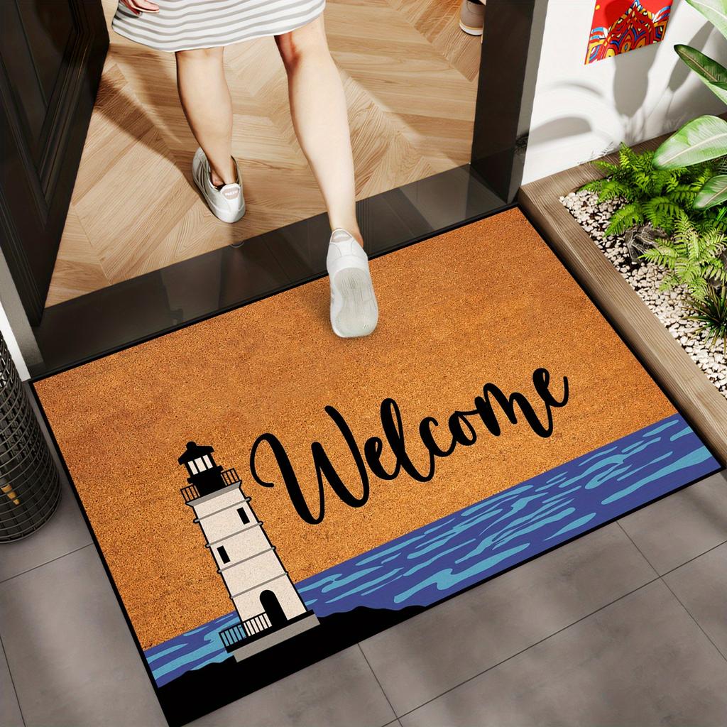 1pc Beach Lighthouse Welcome Printed Doormat, Summer Non-Slip Entry Mat, Machine Washable Doormat, Suitable for Kitchen, Dining Room, Hallway, Bathroo