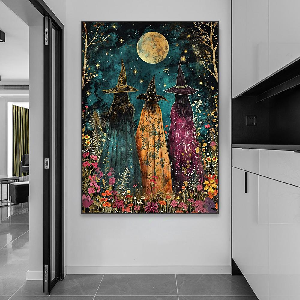 Floral Witch Classical Poster Mystical Art Oil Painting Print Witches Coven Amongst The Wildflowers Canvas Painting Wall Decor