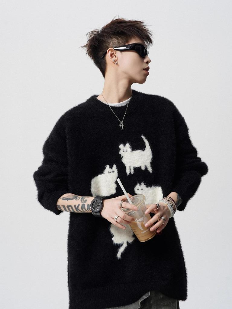 Trendy Cartoon Cat Knit Sweater: Men's Autumn/Winter Round Neck Couple's Loose Casual Style