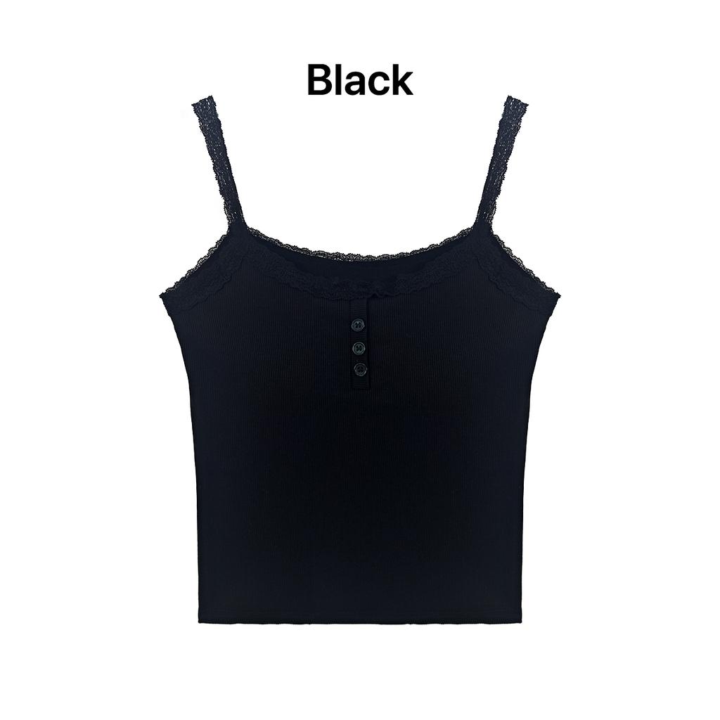 Women's Ribbed Lace Camisole with with Built-in Bra Pads and Buttons,Slim Fit Tank for Women