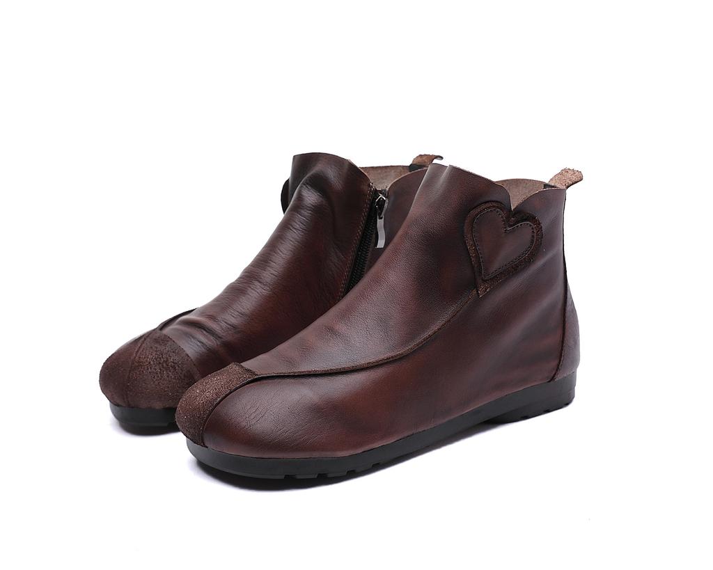 Single Boots Women's Autumn and Winter New First-layer Cowhide Women's Boots Soft Heart-shaped Hand-spliced Flat Bottom