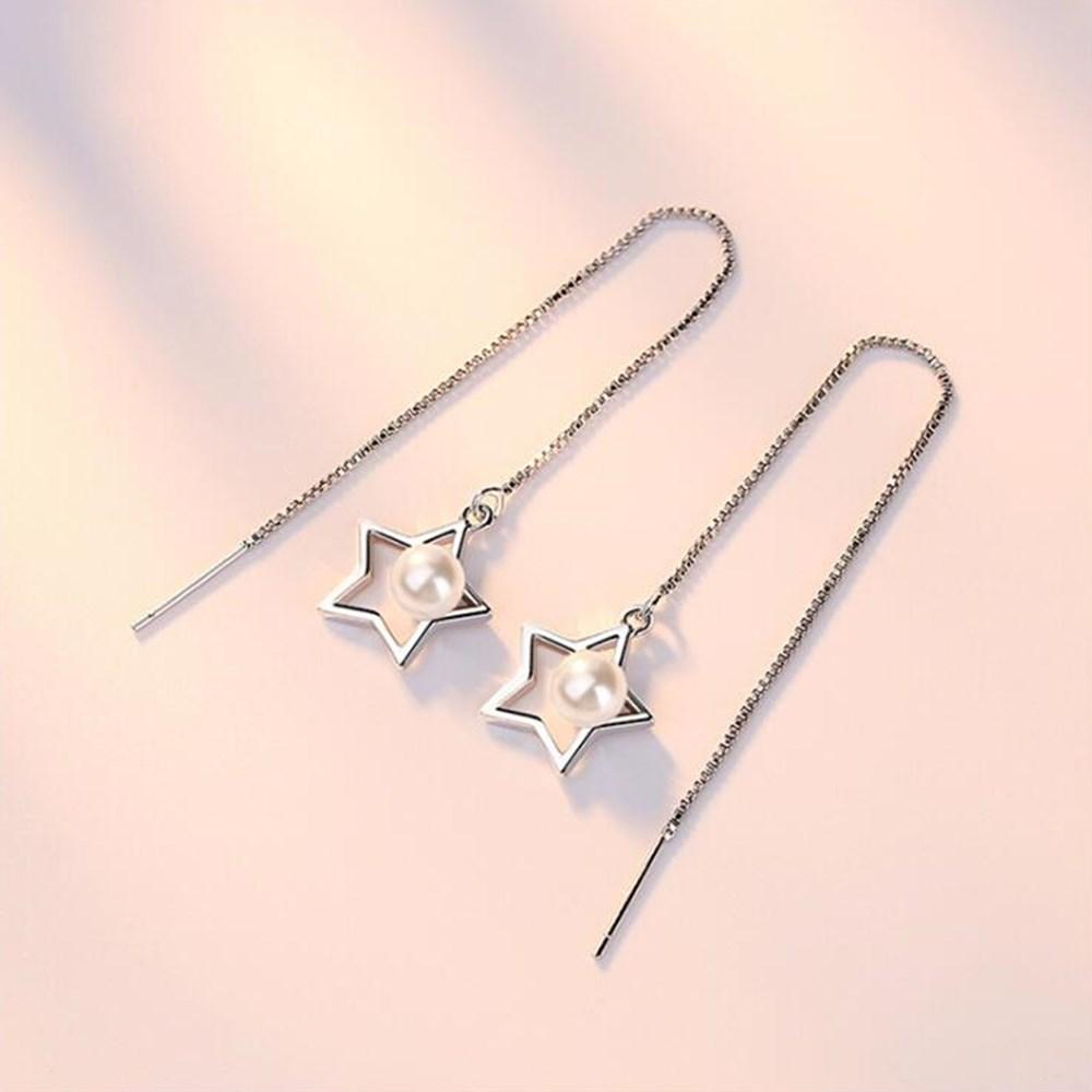 925 Silver Needle New Woman Jewelry Fashion Earrings High Quality Round Pearls Retro Pentagram Long Tassel