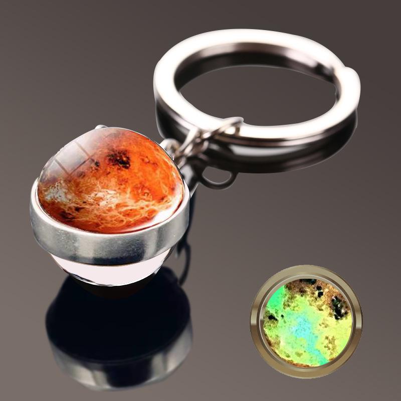 Double-Sided Glass Galaxy Keychain with Moon, Earth, Mars Pendants