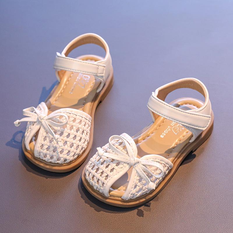 Girls Half Sandals Weave Trendy Soild Color Children Princess Shoes with Simple Bows 2025 Summer New Kids Beach Shoes Non-slip