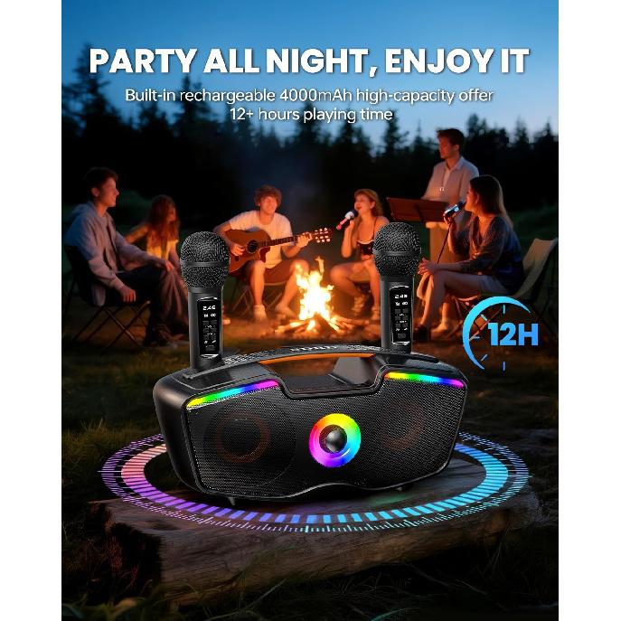 Bluetooth Karaoke Machine for Adults & Kids, 80W Portable Speaker with 2 Wireless Microphones, Echo Adjustment, Support USB/AUX/TF Card