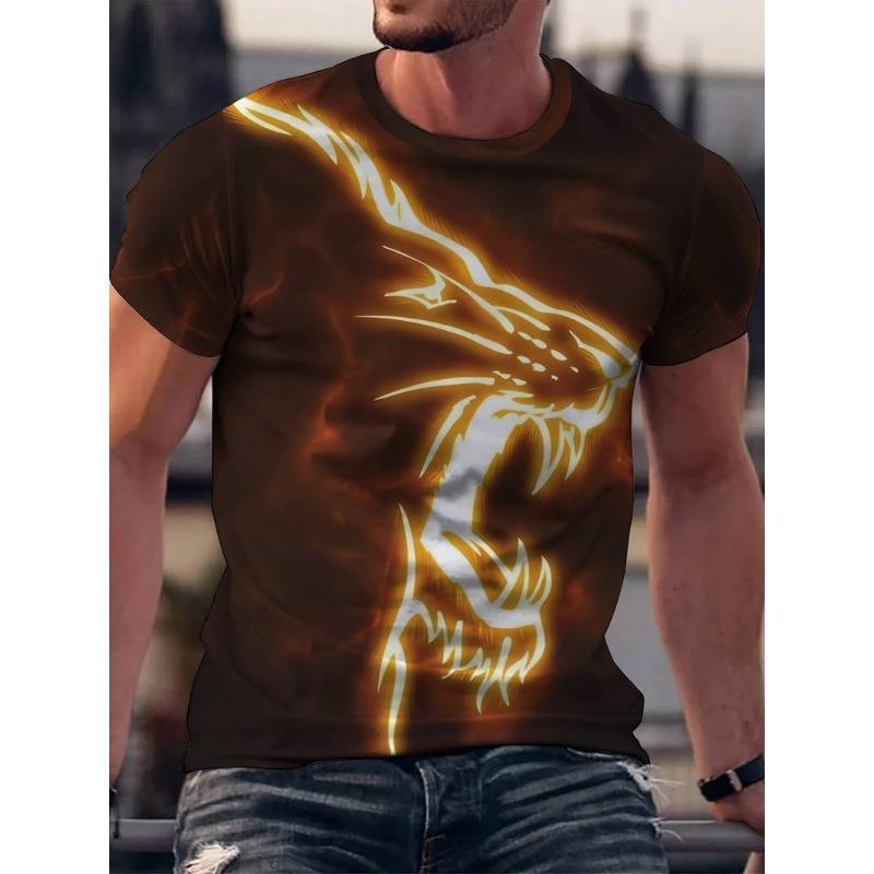 3D Lion Pattern Printed Short Sleeved Cool and Loose Summer Round Neck Top Men's T-shirts
