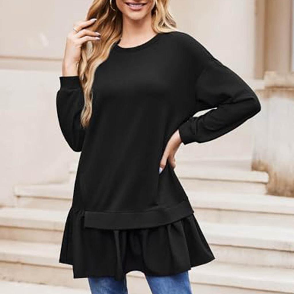 Women's Fashion Casual Loose Long Sleeve Ruffle Mid-Length Solid Color Sweatshirt