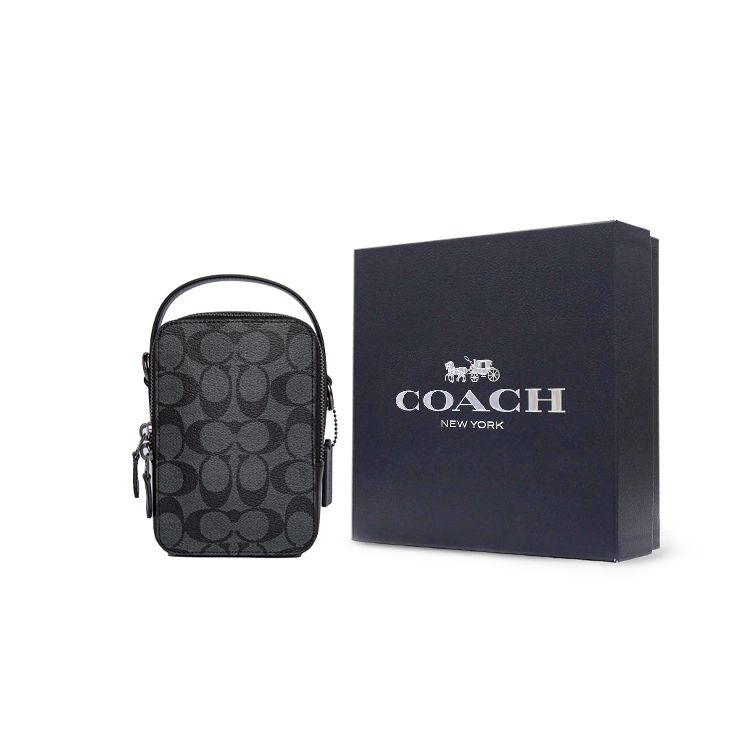 Coach 12 Classic Logo Top Handle Coated Canvas With Calfskin Phone Bag Handbag Small Men Handbags Black C3146-QBCHR