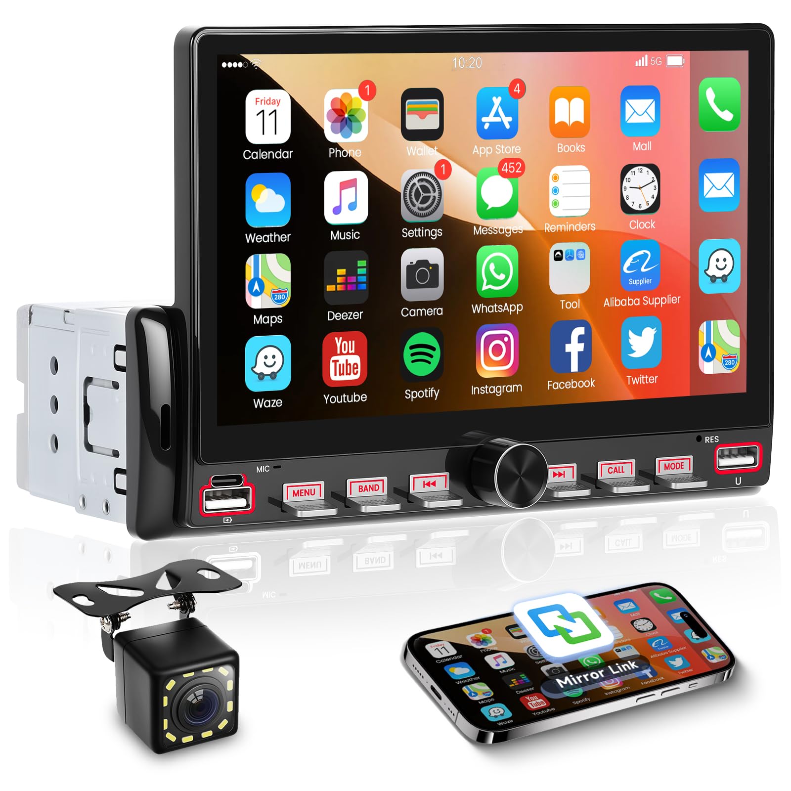 

Hodozzy 1DIN Car Stereo (Bluetooth Enabled), 7-inch Touchscreen Car Radio (1 DIN), FM, MirrorLink, EQ, Video Sharing, USB/Type-C, SWC, Color Backlight