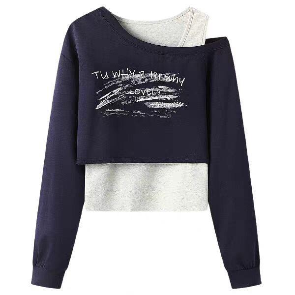 Women's Plus Size Off-the-Shoulder Patchwork Two-Piece Long Sleeve T-Shirt Set - Autumn Slimming Outerwear