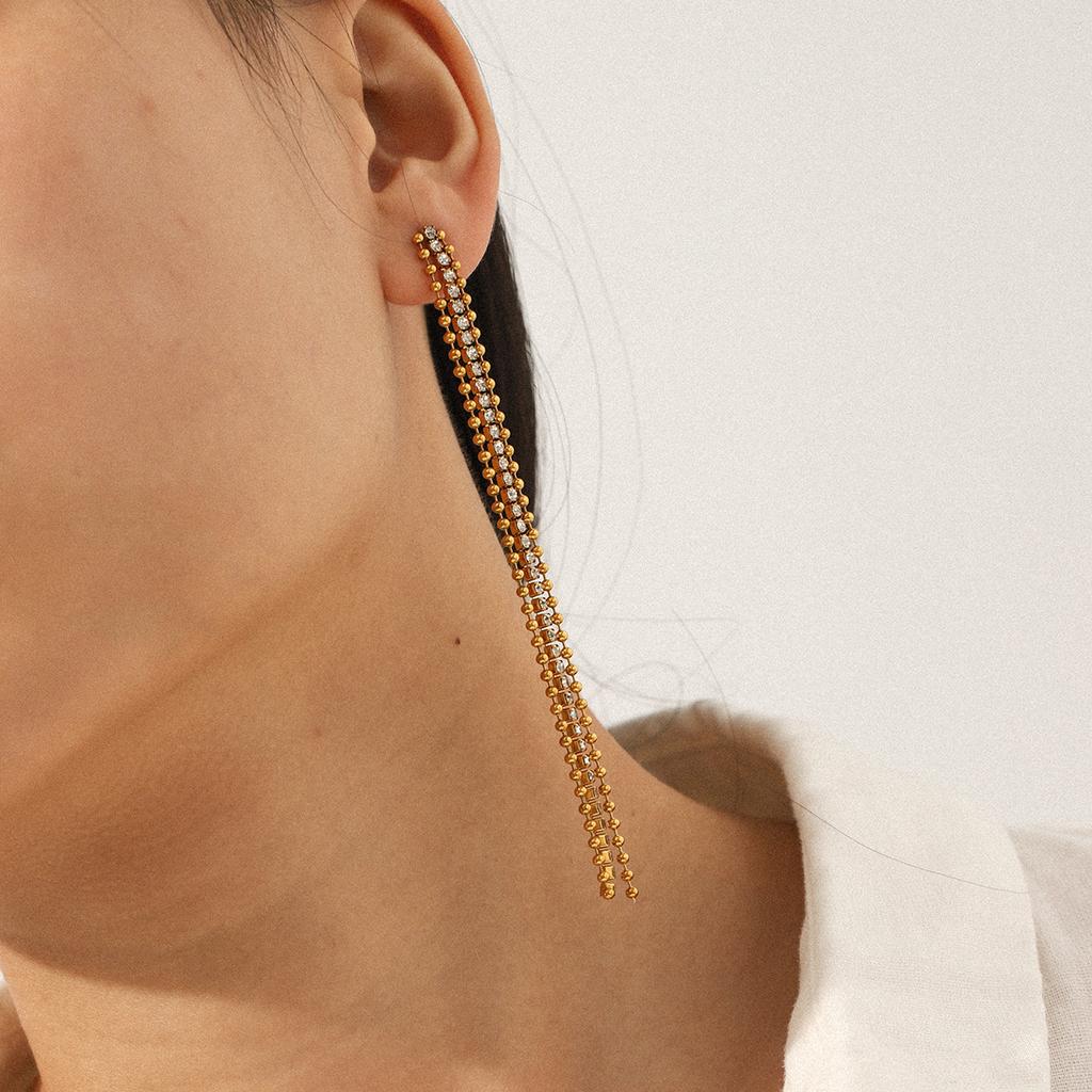Round bead zircon chain tassel earrings, long style ear jewelry, light luxury high-end titanium steel accessories