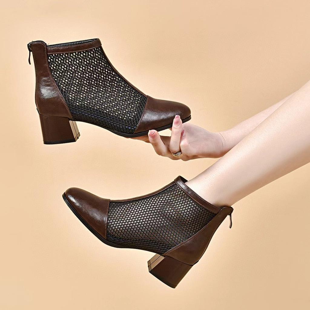 Mesh shoes women's spring and summer new fishing net shoes round head thick heel high heels fashionable rear zipper ankle boots
