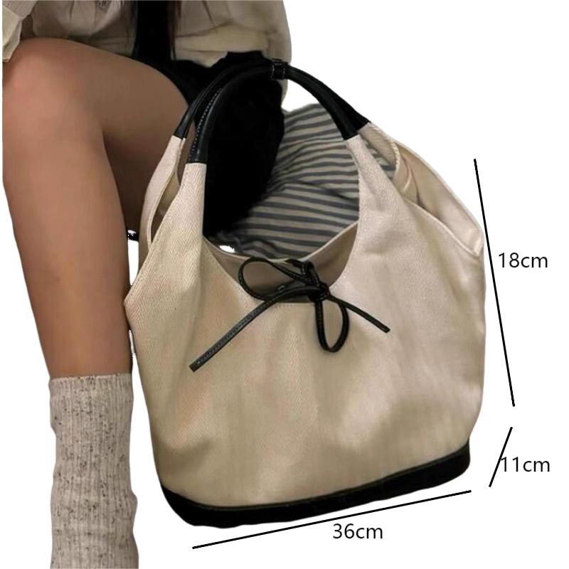 Fashion Canvas Tote Bags Simple Bow Tie Shoulder Bags Vintage Women's Handheld Shopping Bag Female Commuter Handbags