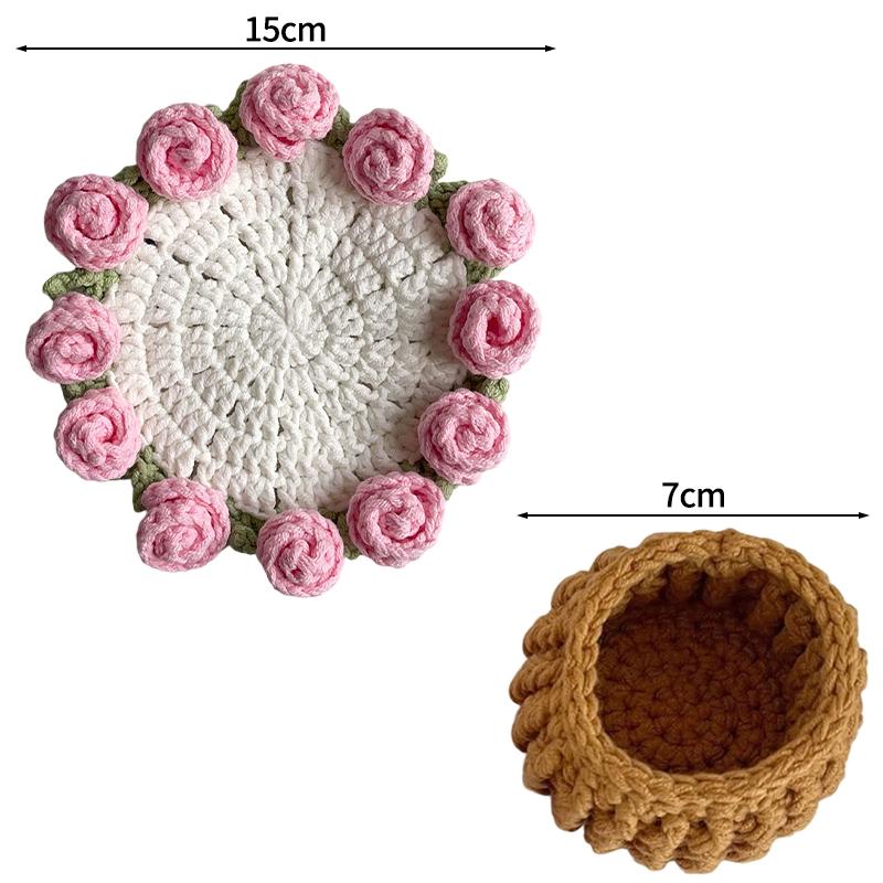 Rose Crochet Coasters With Plant Pot Handmade Knitted Flower Bouquet Coaster Coffee Table Cupmat Placemat Home Office Decor