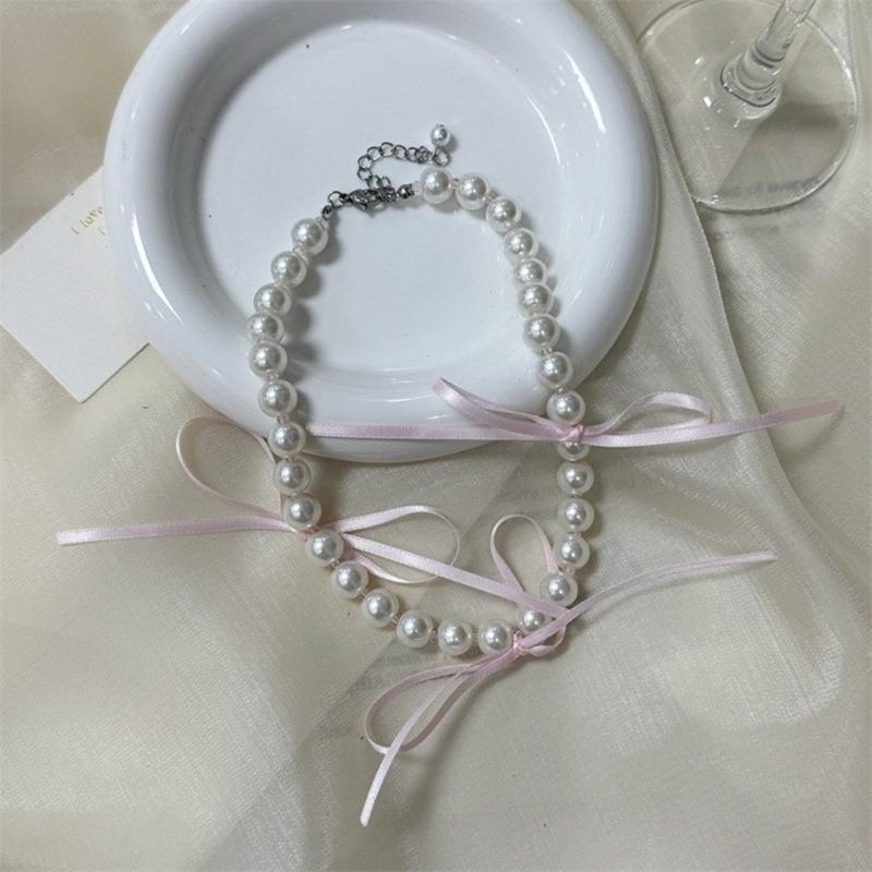 Fashion Elegant Ribbon Bowknot Short Necklace Pearl Clavicle Chain Choker Necklace Statement Jewelry Neck Chain