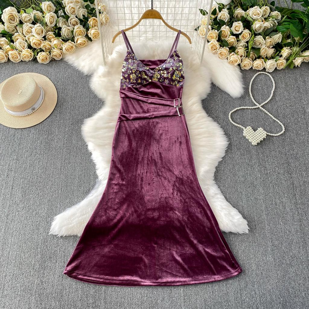 Summer Women Vintage Spaghetti Strap Sequined Velvet Long Midi Slim Bodycon Party Fishtail Dresses