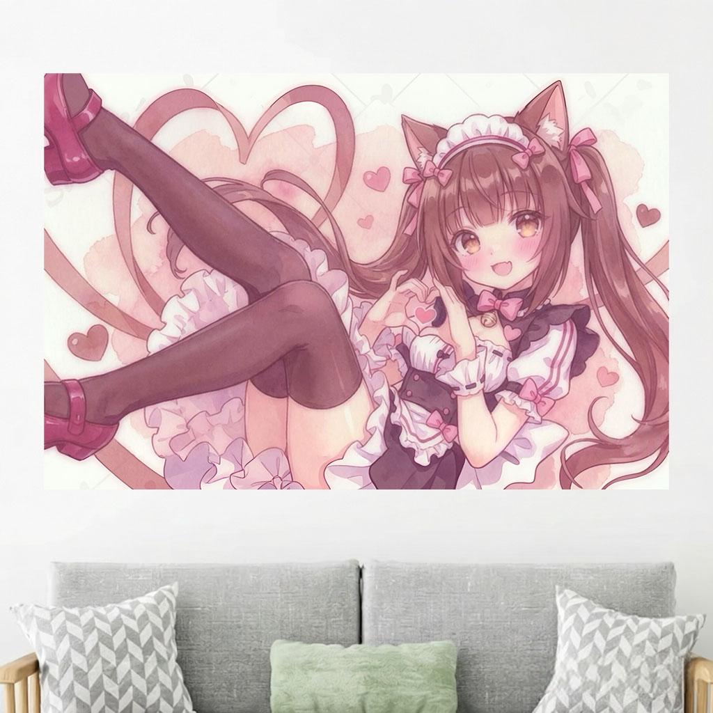 1pc N-Nekopara C-Chocola Maid Tapestry Heart Gesture Pink Bows Print Decor for Neko Anime Fans Bedroom Dorm Home