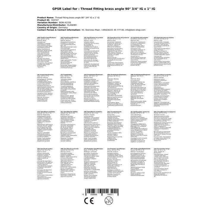 Coude en laiton 90° - KLASEBO - CW617N 3/4" IG x 1" IG - Femelle/Femelle - 16 bar - Eau potable