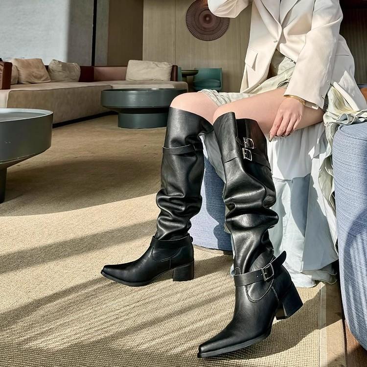 Super Fire Boots Pants Pants Boots Women's 2025 Spring New Pointed Thick Heels But Knee Pile Boots Big Tube Wai Knight Boots