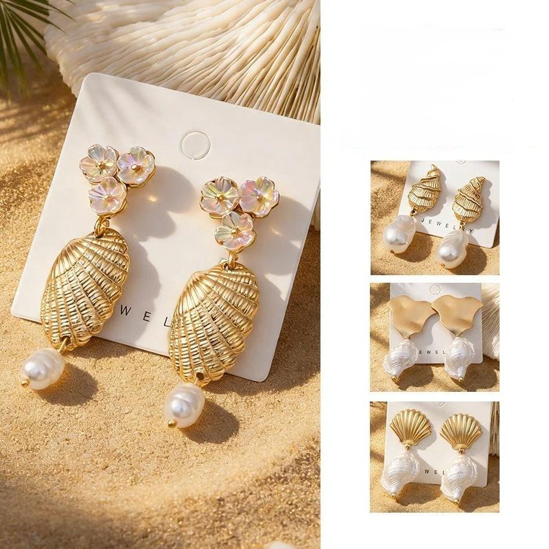 Bohemian Shell Pearl Drop Earrings Gold Plated Ocean Style Earrings For Women Beach Vacation Party Jewelry