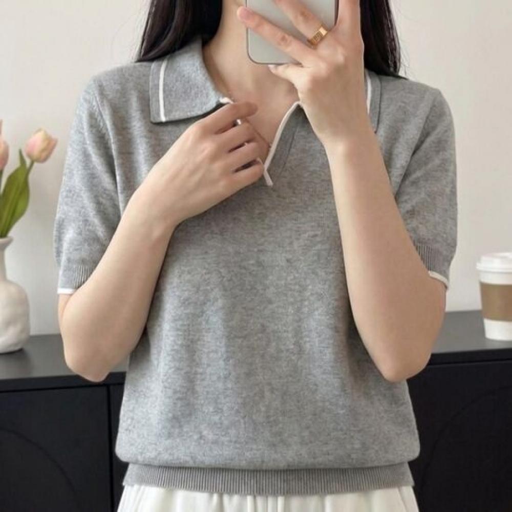 Navava Women Basic Line Color Collar ShorT Sleeve KniT T Nk3698