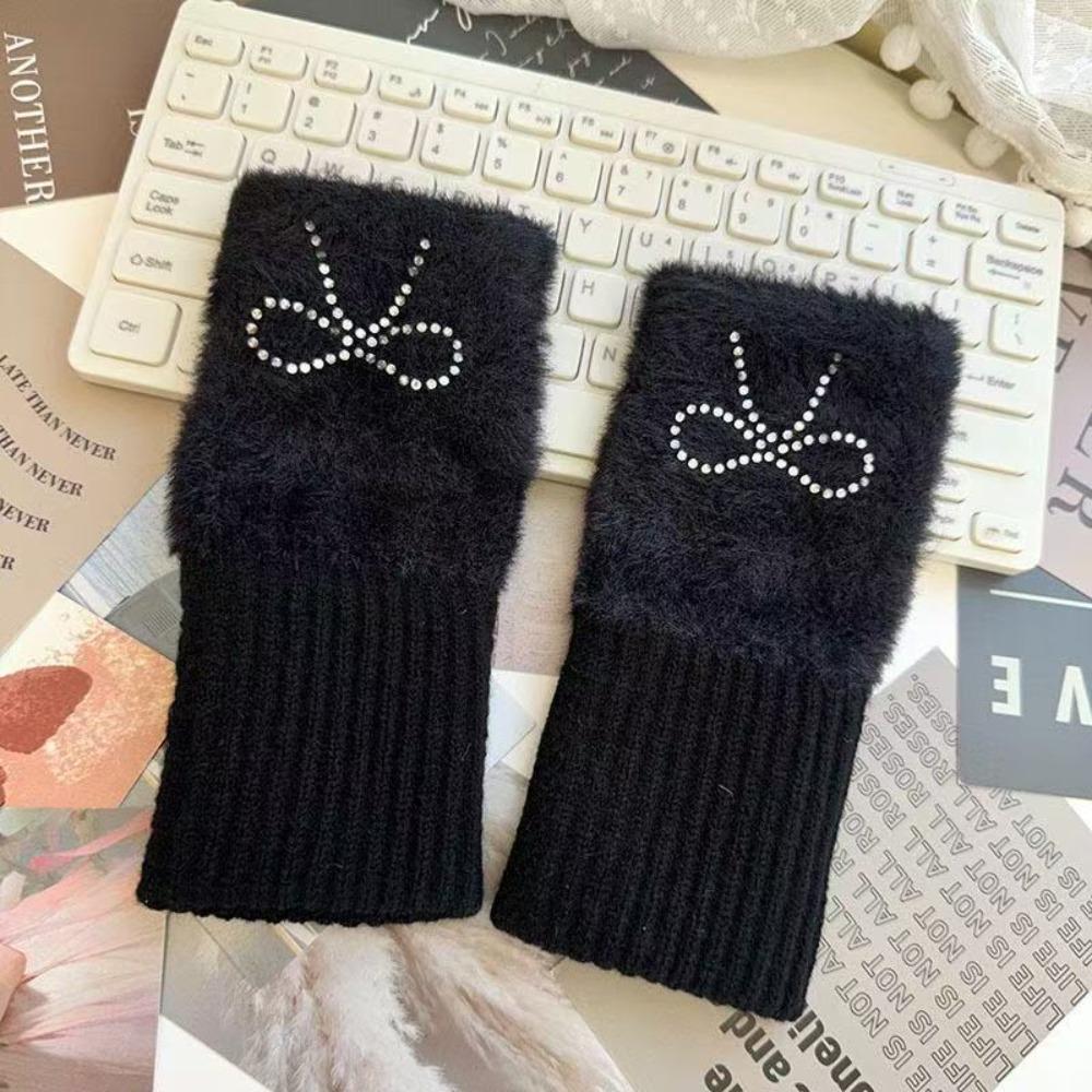 

Plush Knitted Gloves Solid Color Half Finger Mittens Cute Bow Gloves Girl чёрный
