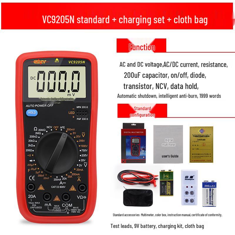 Shengde DT9205N High-Precision Digital Multimeter with Anti-Burn Protection and Auto Power-Off