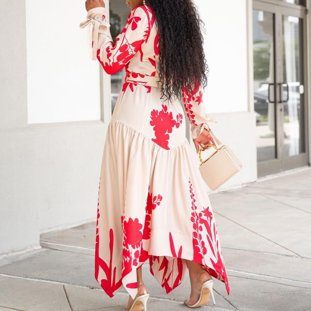 YYFS Damenmode Frühling Herbst Blumenmuster Druck Langarm Polokragen Hohe Taille Freizeitkleider