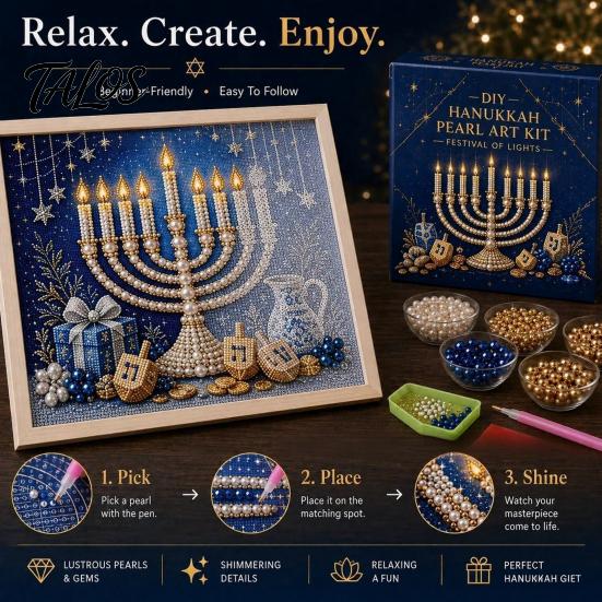 Indoor Garden Decor DIY Hanukkah Pearl Art Kit, 3D Mosaic Bead Craft Set, Creative Holiday Gift for Family Ritual Activity Making Kit Traditional Home