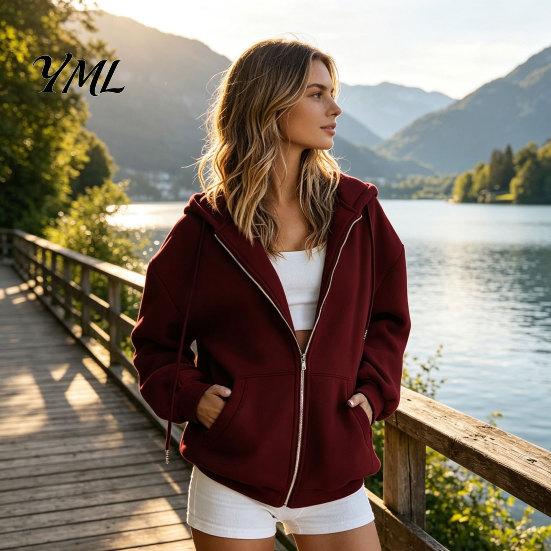 Fall Winter Hoodie Zip-Up Hoodies for Women, Loose Fit Drawstring Hooded Jacket with Women Sweatshirt Pocket, Long Sleeve Casual Coat Soft Tops