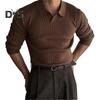 Spring Fall Men Top Knitted Thread Slim Fit Pullover Turn Down Collar Long Sleeves Stretchy Pure Color Daily Wear Business Shirt