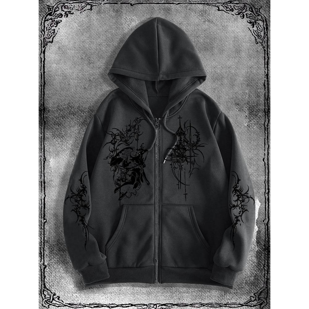 Men's Gothic Angel Dark Printed Zipper Hoodie, Casual Fashion Street Zipper Hoodie, Fashion Clothing Autumn