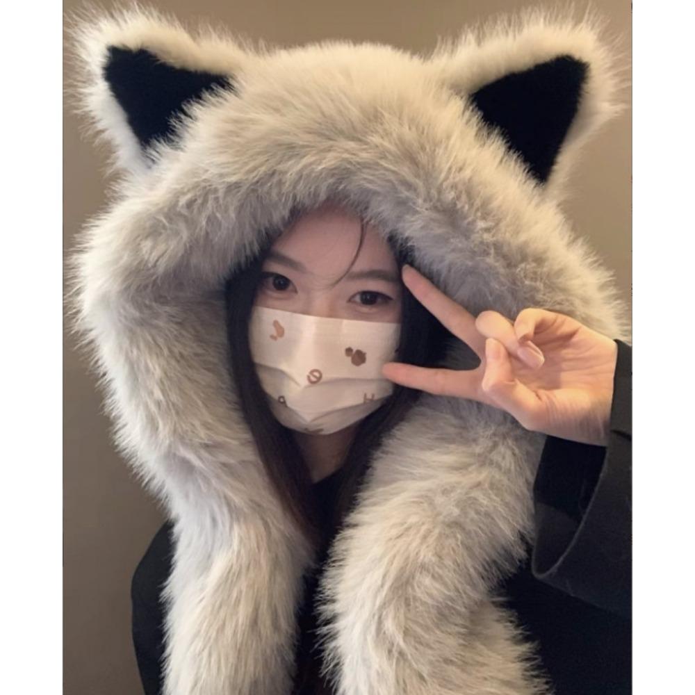 

Утолщенная плюшевая шапка с лисьими ушками, защищающая от холода, женская зимняя, шарф интегрированный, новая теплая для лица, маленькая шапка Лей Фэна M（56-58cm） серый