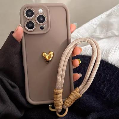 Cute Korean 3D Golden Love Heart Soft Case For iPhone 16 17 Pro Max 15 14 13 12 11 Pro 16E 7 8 Plus Wrist Chain Hang Strap Cover